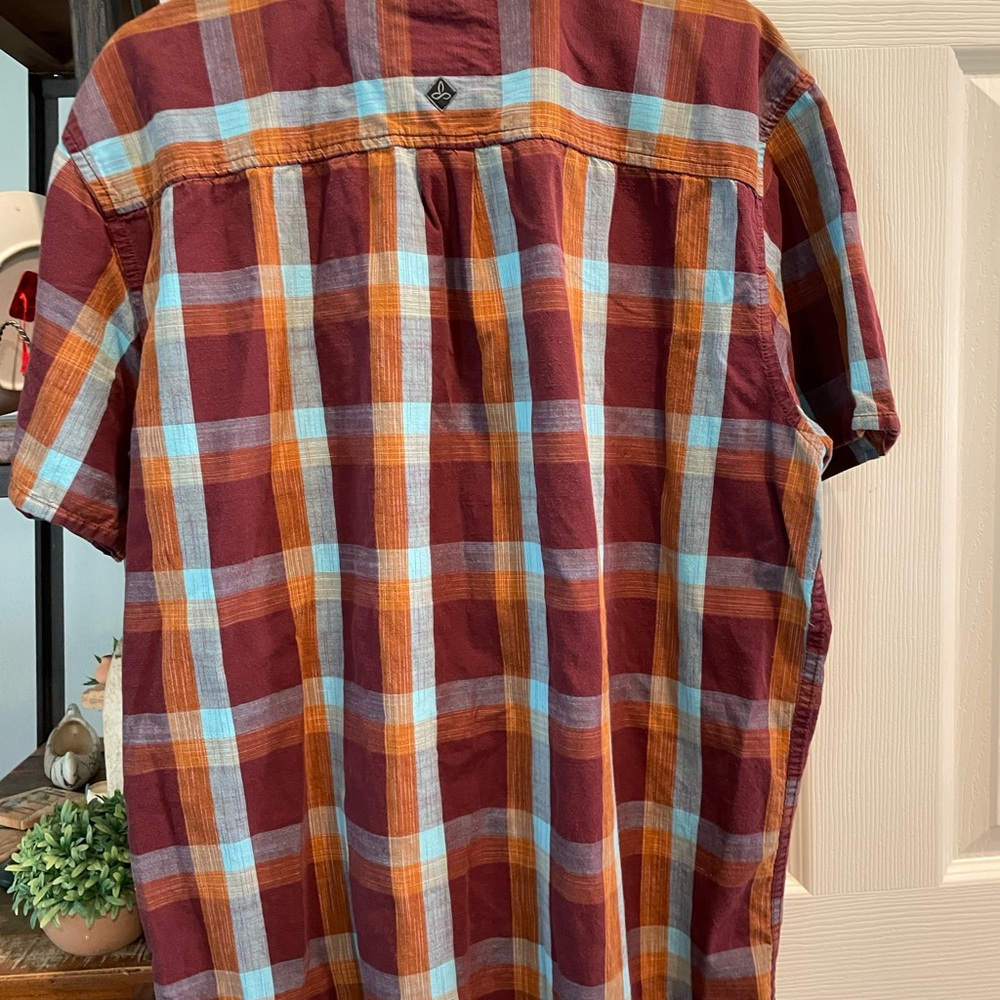 prAna Ecto SS Men’s XL short sleeve Button up plaid western shirt burgundy blue - Picture 7 of 8